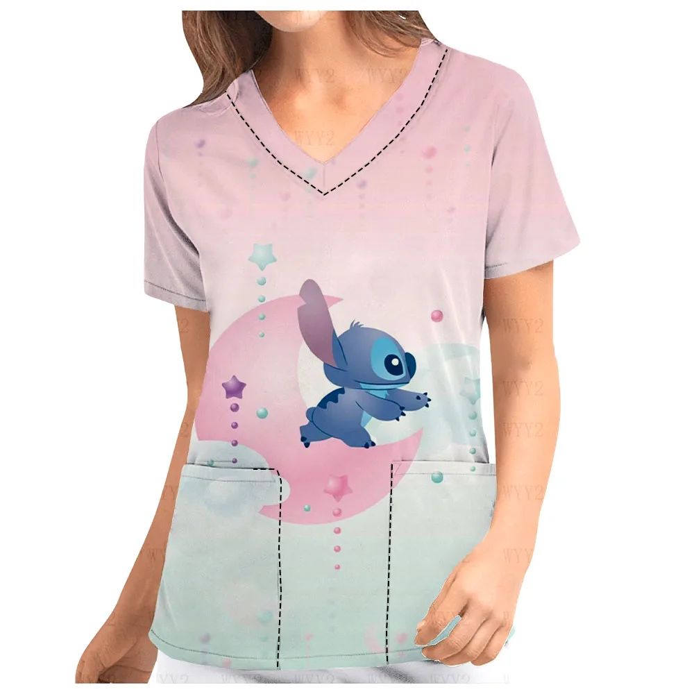 2025 Summer Disney Stitch Cute Print V-Neck Print Scrub Top Pet Shop Medical Uniform Nurse Women's Nurse Top