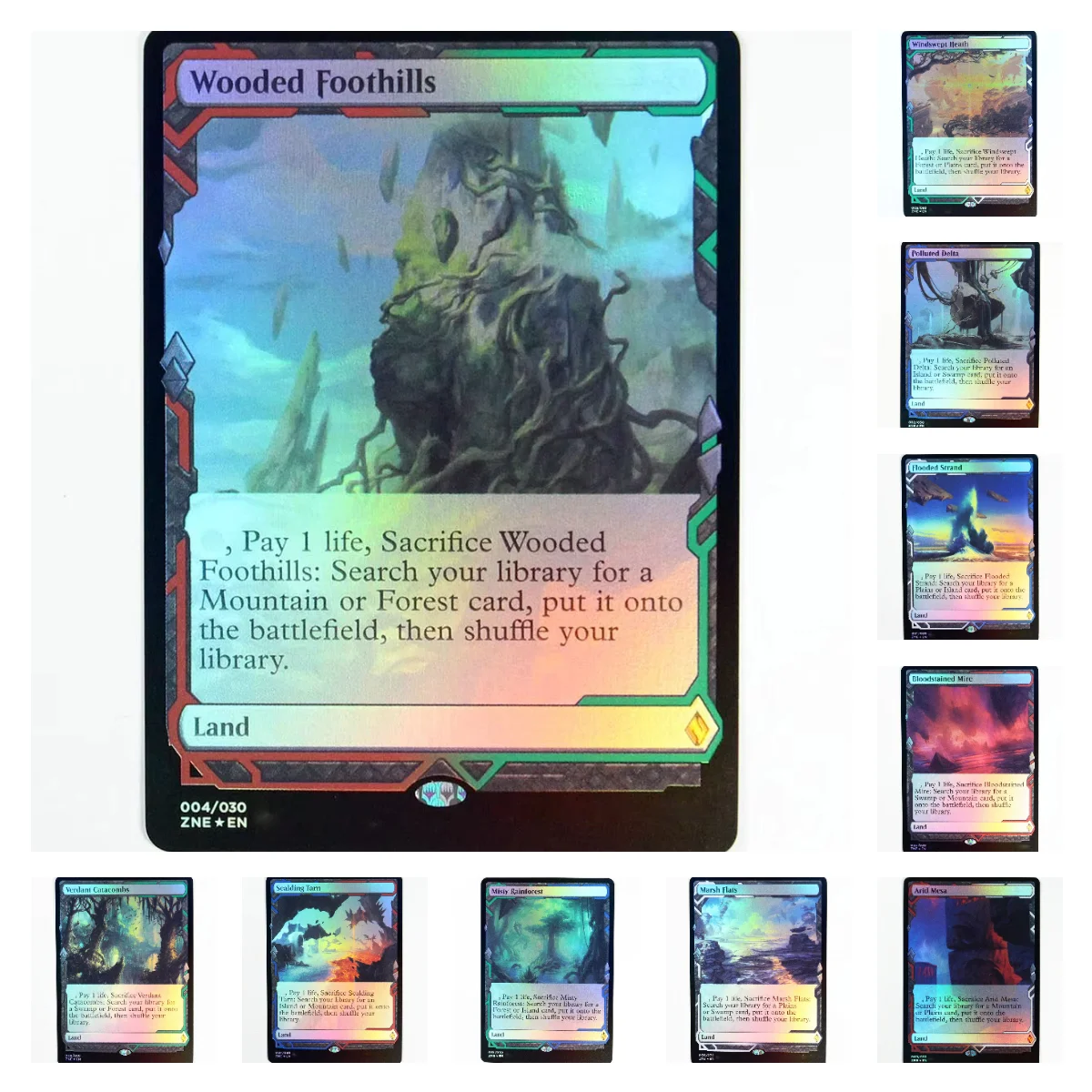Foil Basic Land sets ZNE TCG Magic Cards Game Najwyższa jakość Proxy Playing Cards wooded foothills Gra planszowa Trading Cards Proxy