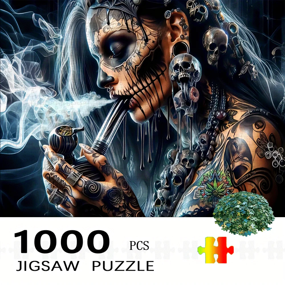 

1000 шт. Готическая головоломка для татуировок для взрослых и семьи - большой сложный дизайн черепа и татуировки с женской фигуркой, розами и тортом
