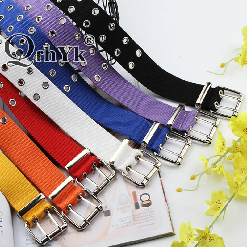Double Grommet Hole Buckle Belt Wide Canvas Web Belt Female Male Waist Strap Belts