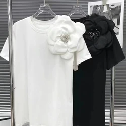 New In 3D Flowers Stitch Cotton T Shirt For Women Loose Casual T-shirt Short Sleeeve Black White Tops Tees