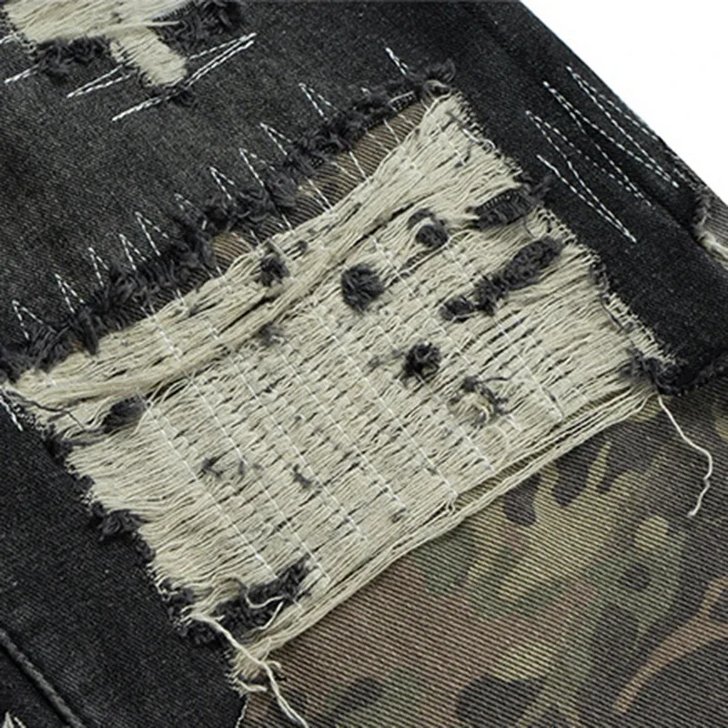 Camuflagem retalhos jeans vintage rasgado emenda azul queimado calças jeans homens streetwear hip hop azul baggy calças jeans