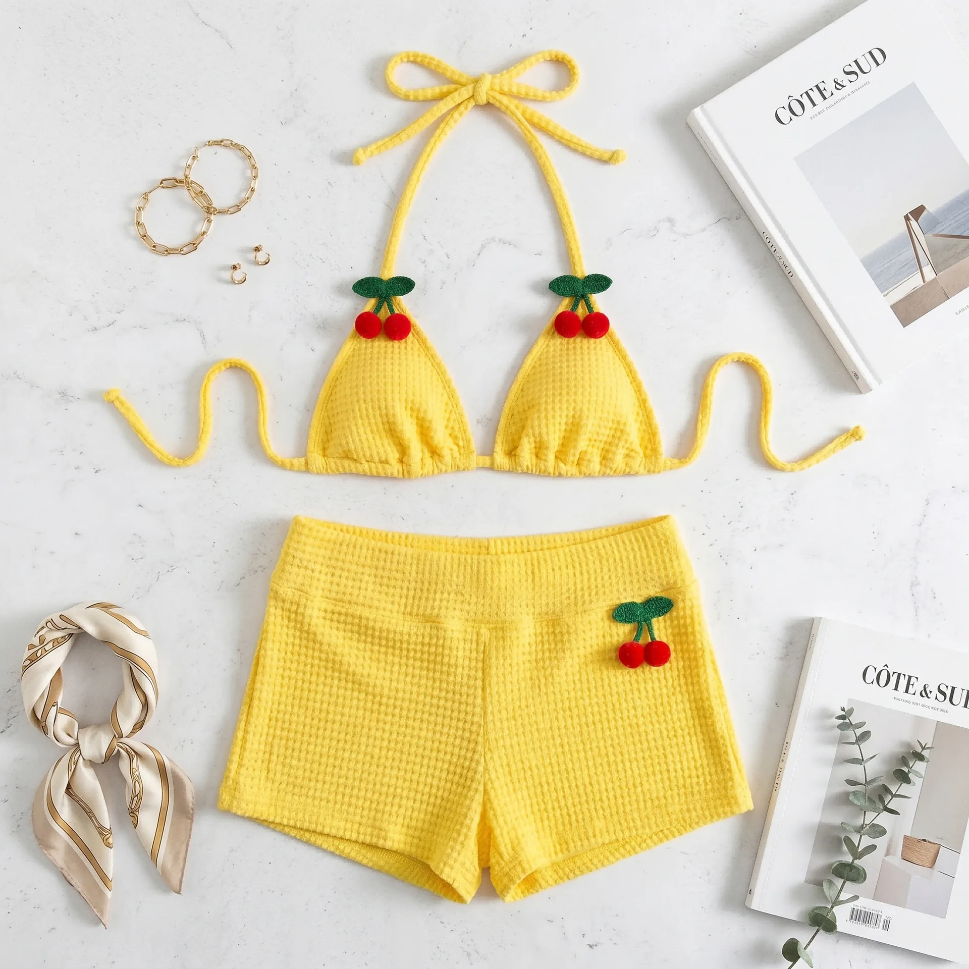 Cherry Print Ribbed Two Piece Bikini Set Women Cute Push Up Swimsuit Swimwear Beach Vacation Summer Shorts Set Outfits