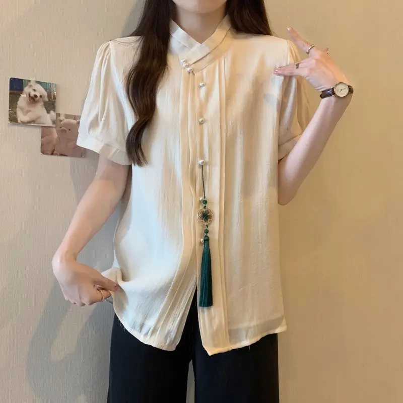 2025 New Pregnant Women Summer New Chinese Style Tassel Buckle Short Sleeved Chiffon Shirt Tang Style Chinese Style Top LH129