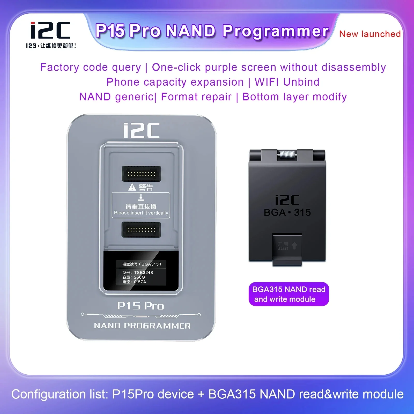 I2C P15 Pro Nand Programmer with BGA 315 BGA 60 BGA70 BGA110 for IP6 To 15promax Data Read & Write Repair Purple Screen