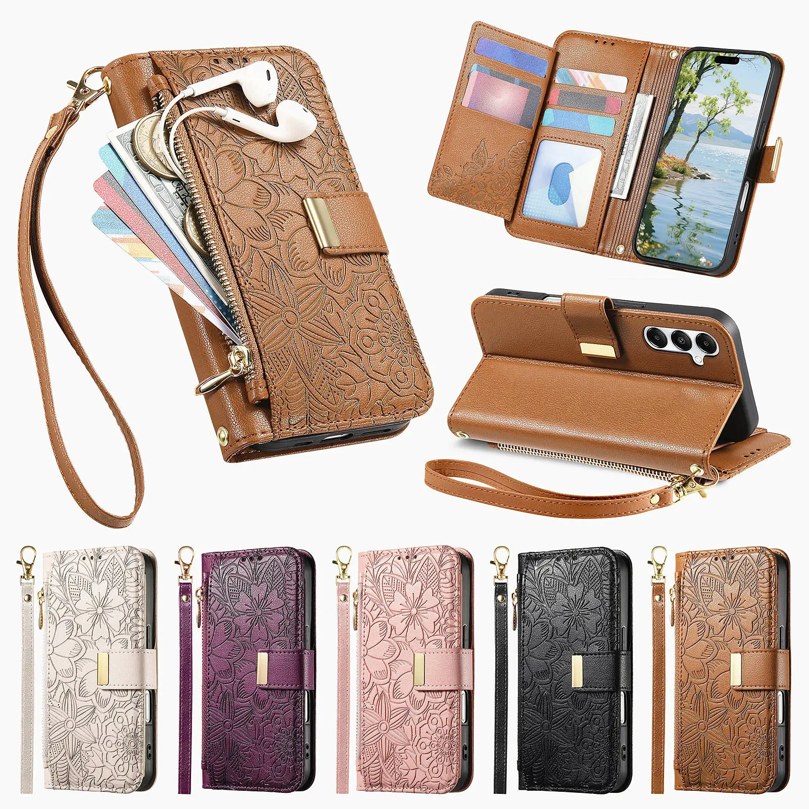 Blume PU Leder Telefon Fall Für Samsung Galaxy S25 Plus S24 S23 Ultra S22 S25 + Flip Buch Karte Zipper brieftasche Abdeckung Mit Lanyard