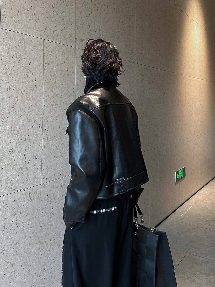 2025 Spring Autumn Line Design American Style Coats Male Contrast Color Faux Leather Jackets Casual Motorcycle Leather Jacket