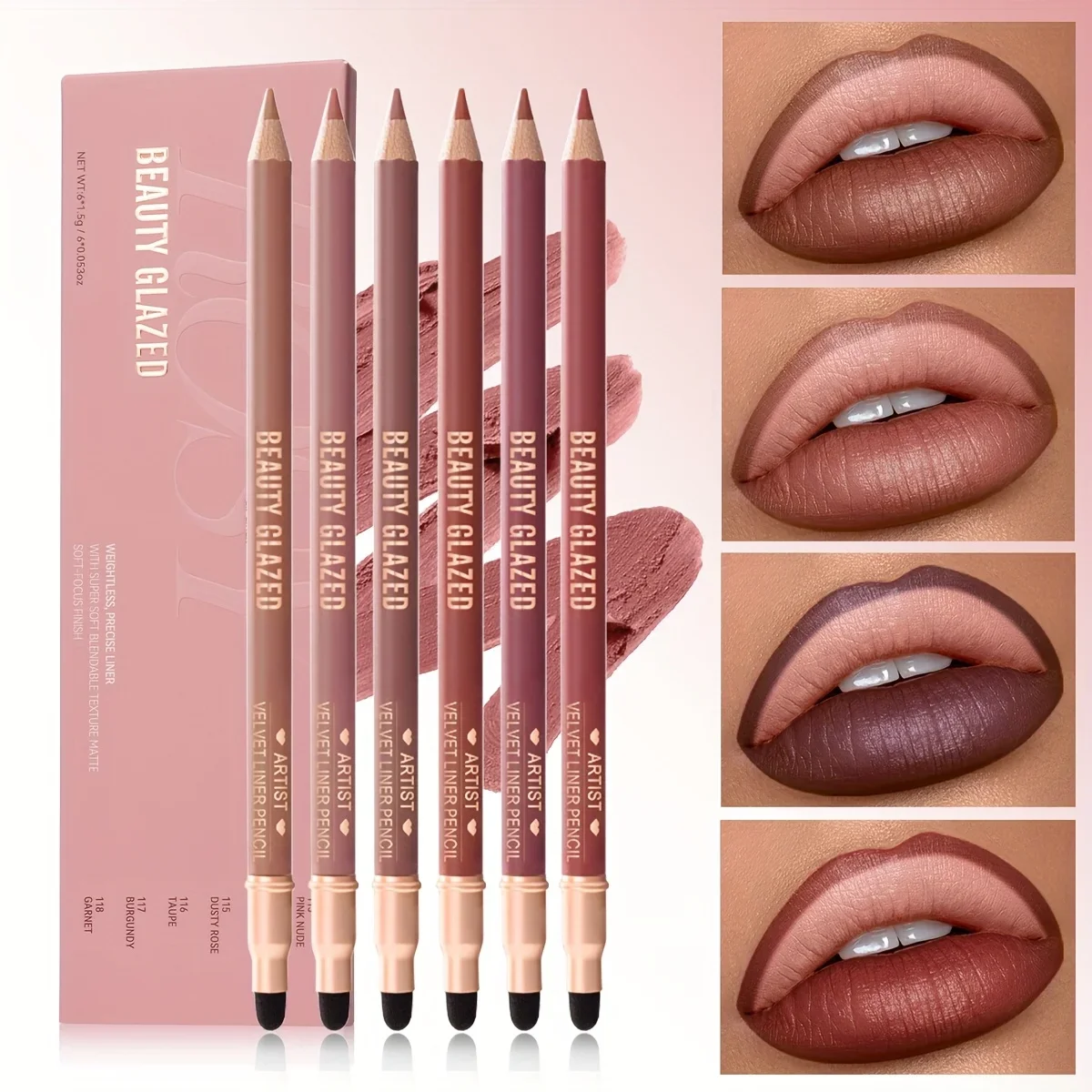 Beauty Glazed 6pcs Matte Nude Sponge Lip Liner Set  Long-Lasting Silky Waterproof Texture Multi-Function Makeup Pens
