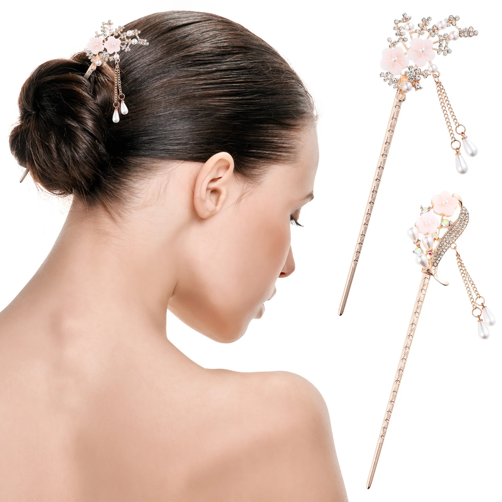 

2Pcs Pearl Hair Accessories Rhinestones Flowers Beads Tassels Chinese Vintage Style Hair Sticks for Women Bun Styling