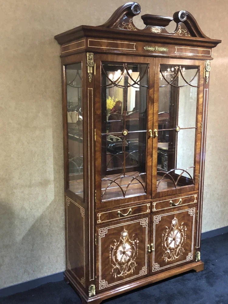 British-Style Solid Wood Wine Cabinet Restaurant Sideboard Cabinet Copper Pieces British-Style Furniture Villa Double Door Wine