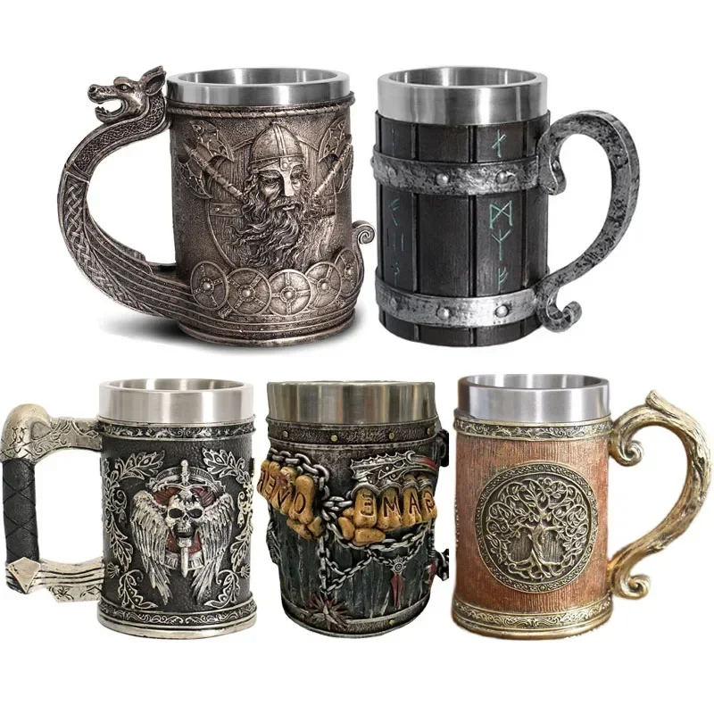 Norse Mythology Beer Mugs World Tree Viking Warrior Oak Barrel Resin Stein Tankard Stainless Steel Water Mug Coffee Cup 600ml