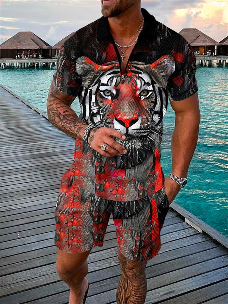 Polo de manga corta con cremallera para hombre, conjunto de pantalones cortos con estampado 3D de tigre Animal, ropa de calle informal a la moda, novedad de verano, 2