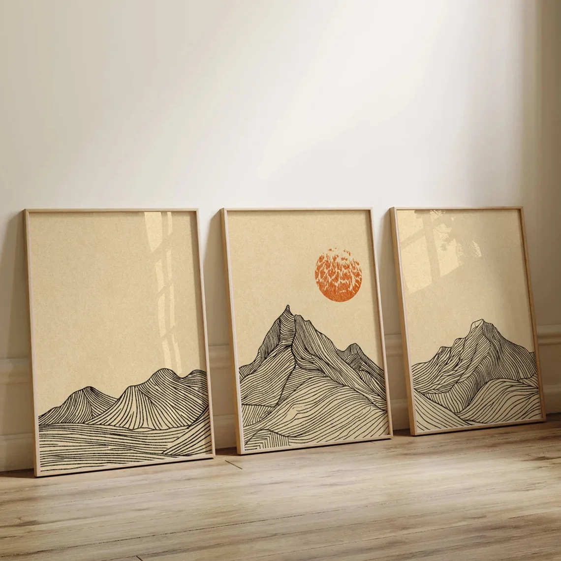 3 قطع من المناظر الطبيعية الجبلية الحديثة ثلاثية الإطار على الطراز الياباني مطبوعات فنية جدارية مع تصميم طبيعي تجريدي، مثالية لغرفة المعيشة