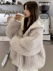 Lautaro Autumn Winter Loose Casual Hairy Shaggy Soft Warm Faux Fur Coat Women with Hood Long Sleeve Zipper Korean Fashion 2022