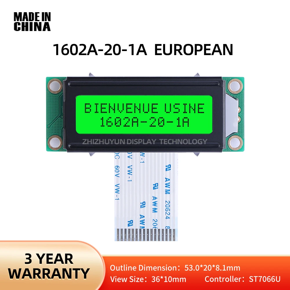 1602A-20-1A European Character LCD Module Display Green Light 53*20Mm Multi Language Module Quality Assurance