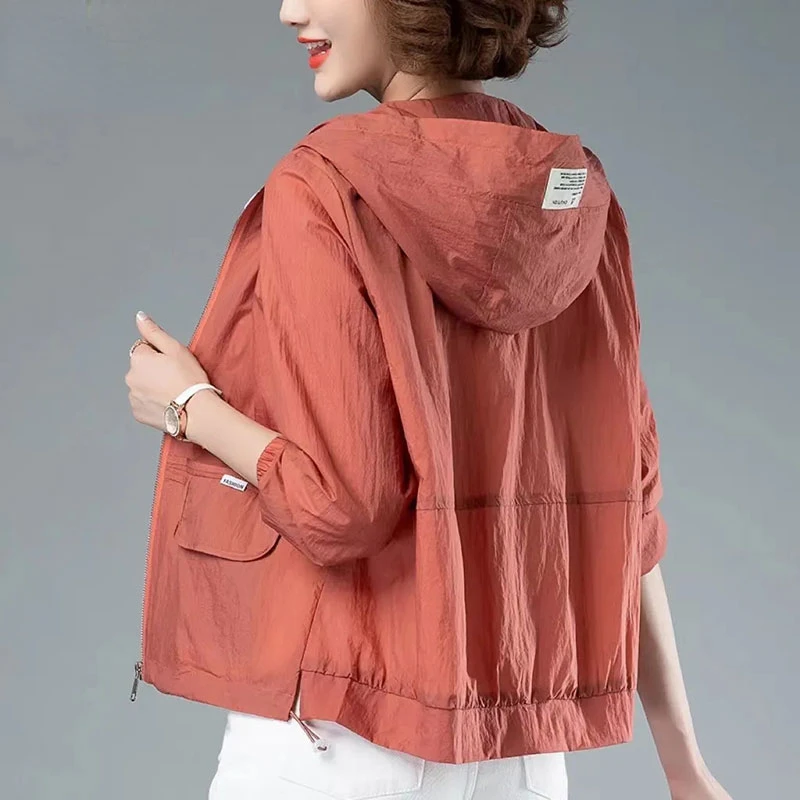 

Women's Casual Hooded Cropped Jackets New Long Sleeves Nylon Thin Summer Chaqueta Mujer Solid Lace Up Prevent Bask OuterwearN59