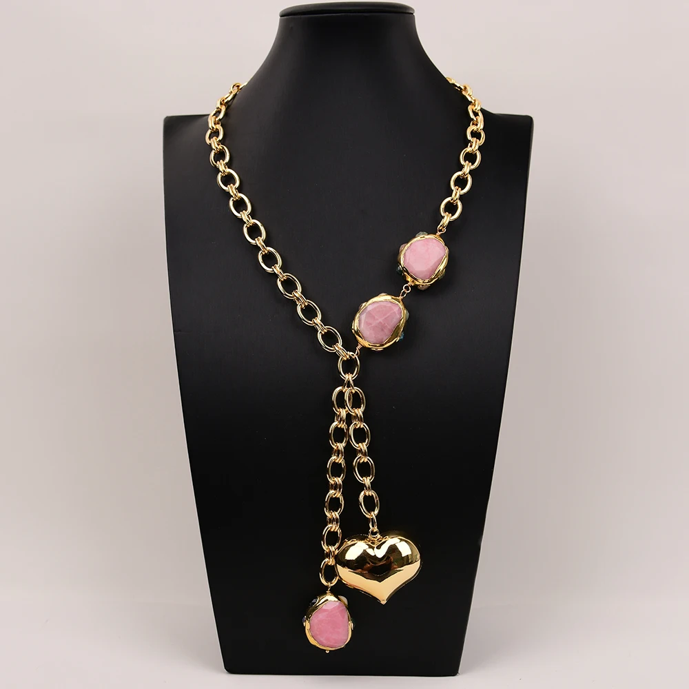 

G-G Gold Plated Chain Chokers Red Rhodochrosite Stone Necklace Big Metal Heart Golden Pendant Designer Gems Jewelry