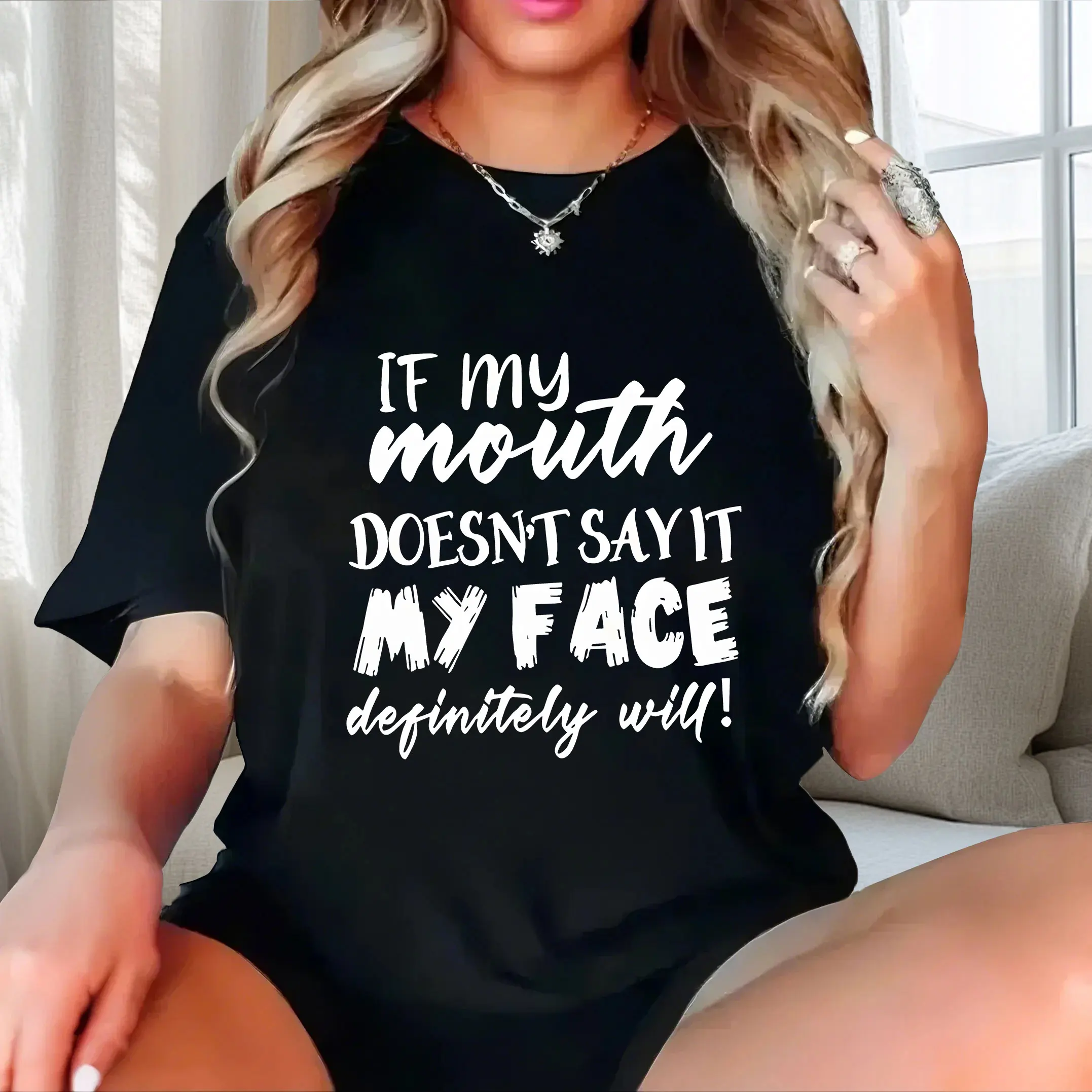 

Advanced sensory communication, interior and exterior wear plus size Ladies' casual short sleeved T-shirt black