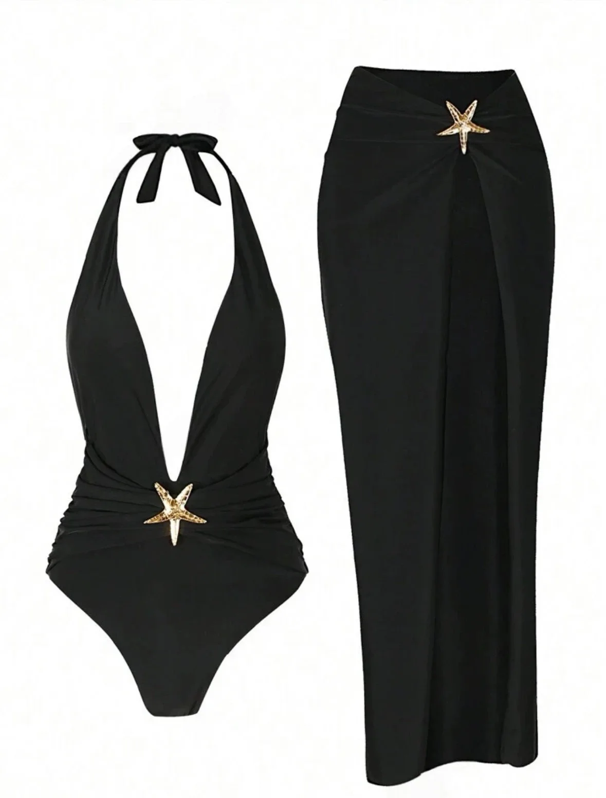 Backless Lace Up White One-piece Swimsuit，High Slit Half Skirt Cover Up Two-piece Set Sexy Swimsuit