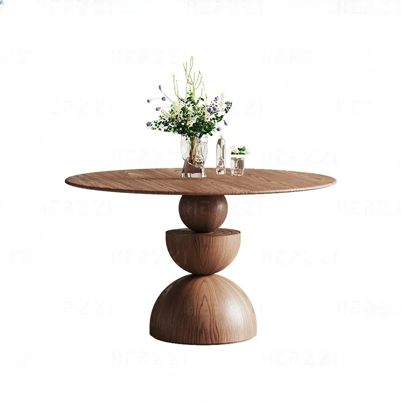 dining room round wooden dining table with slate material for villa use