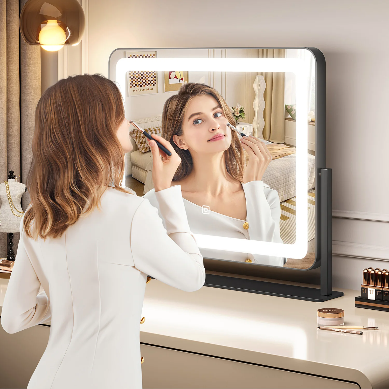 

Светодиодное косметическое зеркало с подсветкой, 360° ° Поворотные 3-цветные зеркала для макияжа с регулировкой яркости и сенсорным управлением для спальни и ванной комнаты, настенные/настольные