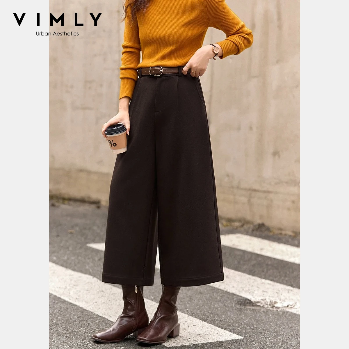 

VIMLY Retro Women Pants 2025 Winter Versatile Solid Zipper Ankle-Length Wide Leg Trousers Loose Fitting Female Clothing A3615