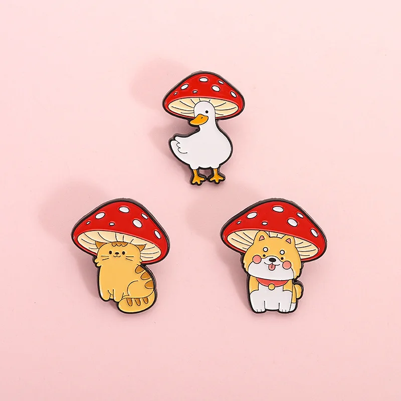 Cartoon Mushroom Head Duck Enamel Pin Cute Puppy Duck Metal Accessory Badge Brooch Backpack Animal Jewelry Gifts for Friends