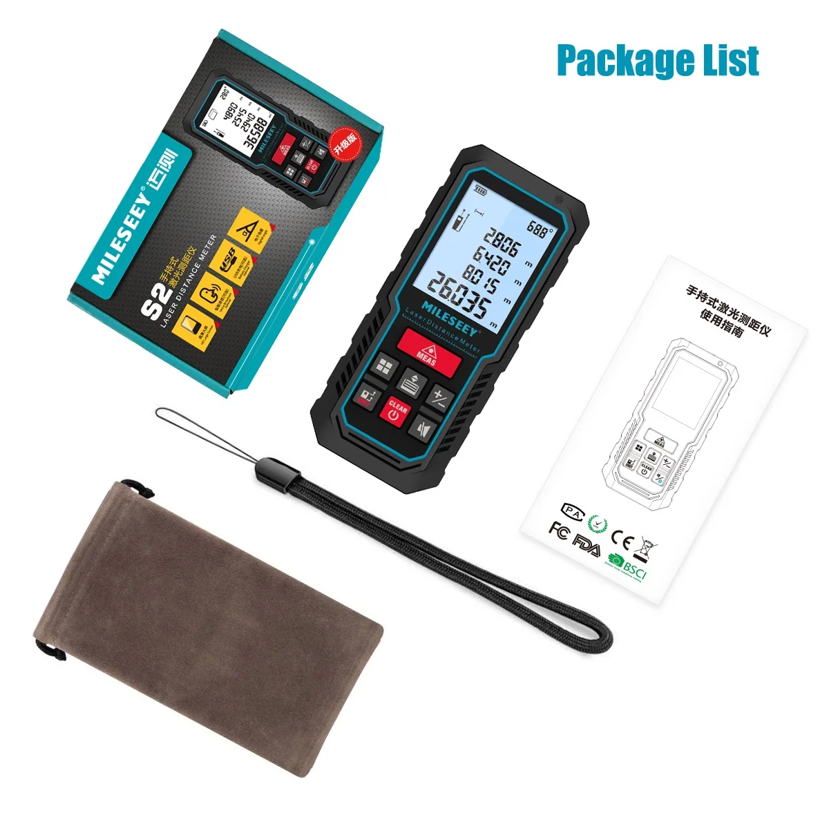 MILESEEY Laser Distance Meter S2 Digital Tape Measure 40M 60M Rangefinder High-Accuracy Trena with Electronic Angle