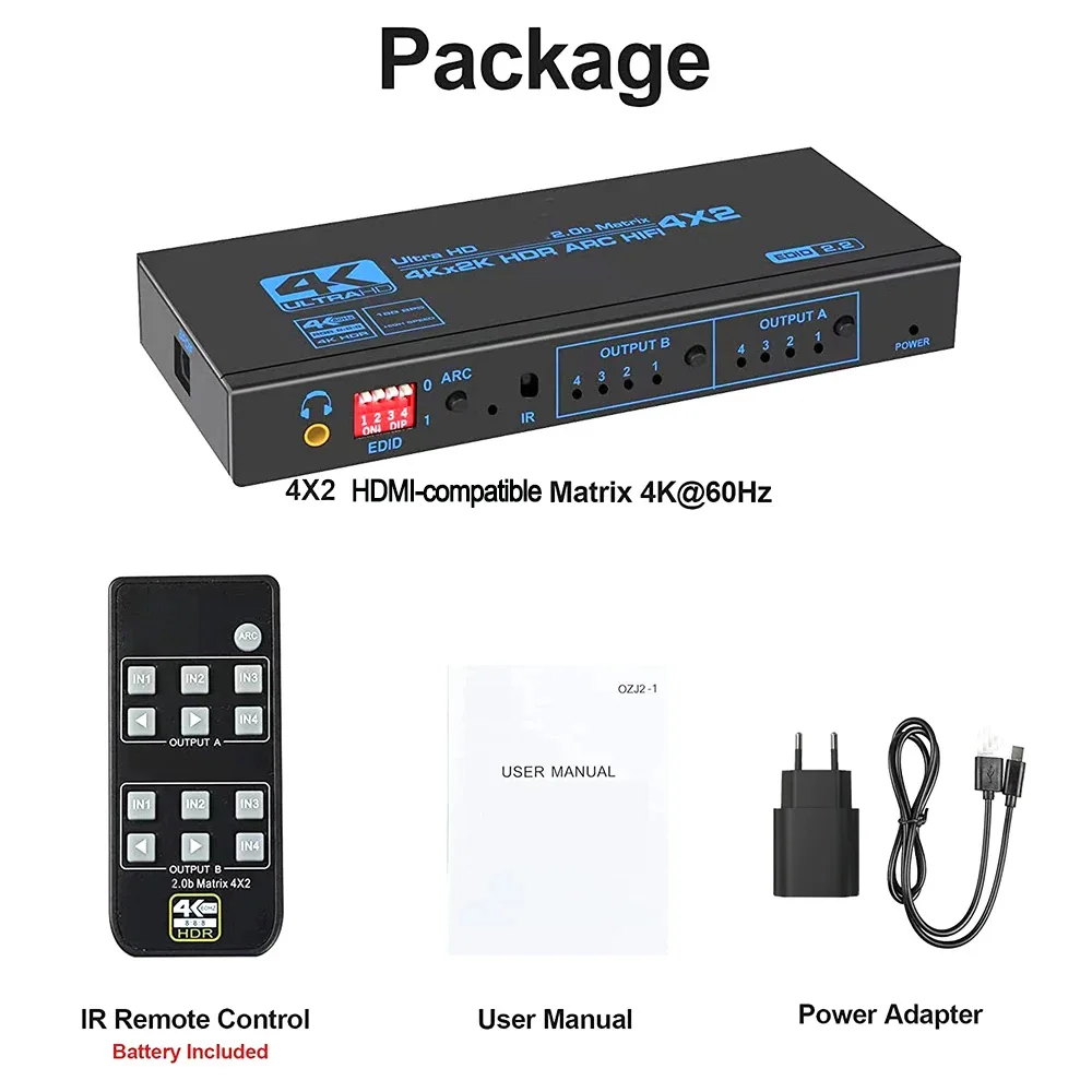 4K 60Hz Matrix 4x2 with Optical 3.5mm Stereo Audio Out Switcher Splitter 4 In 2 Out Support ARC HDCP 2.2 EDID HDMI-compatible