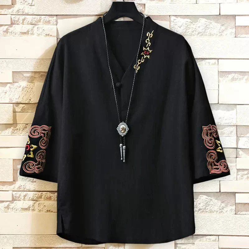 

Plus size man extra large size brother embroidery linen robe half-sleeved short-sleeved t-shirt summer men's clothing 9XL 10XL