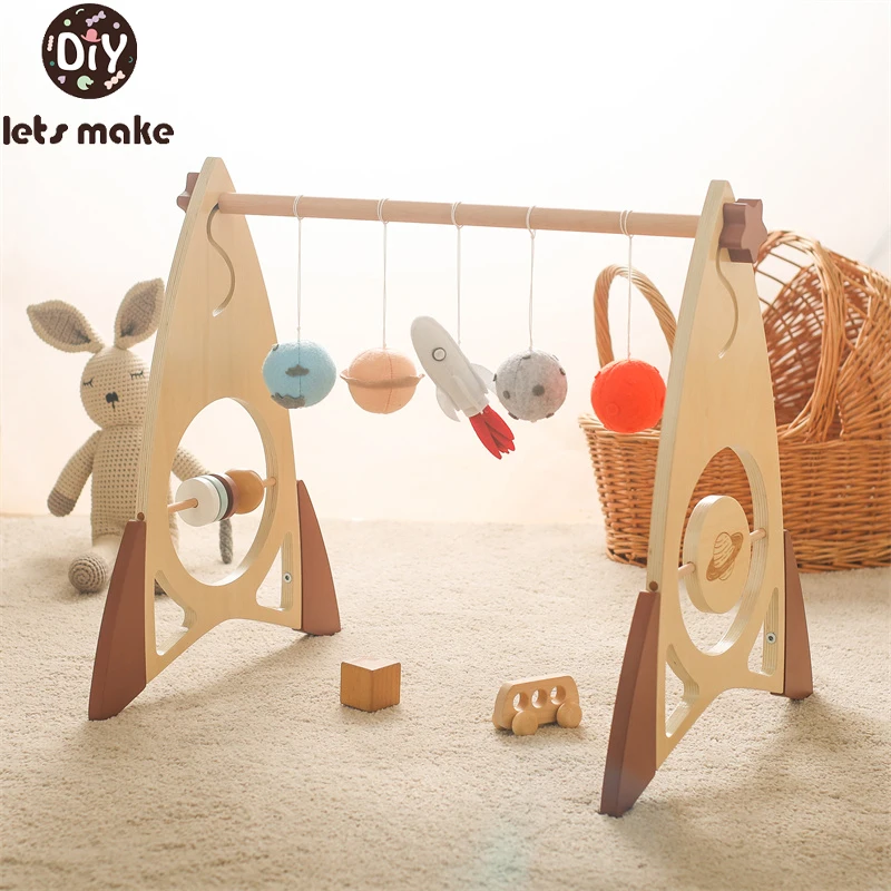 1Set Wooden Gym Solid Wood Fitness Frame Rack Cartoon Rocket Hanging Pendant Baby Rattle Toy Kit Toddler Infant Room Decorations