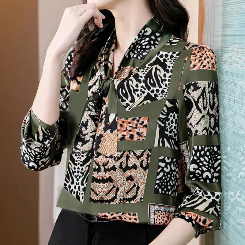 Camisa de gasa con lazo estampado para mujer, Jersey holgado de manga larga con cuello de bufanda, ropa elegante para primavera y otoño, 2023