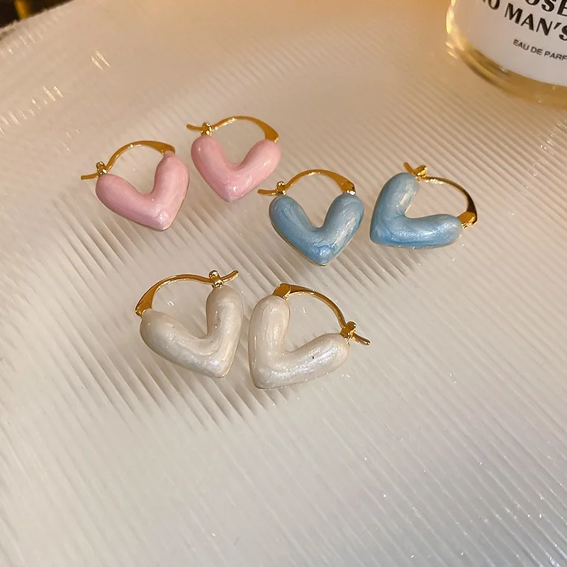 ZX Cute Pink White Blue Enamel Heart Earrings for Women Gold Color Huggies Hoop Earrings Wholesale Korean Girls Party Jewelry