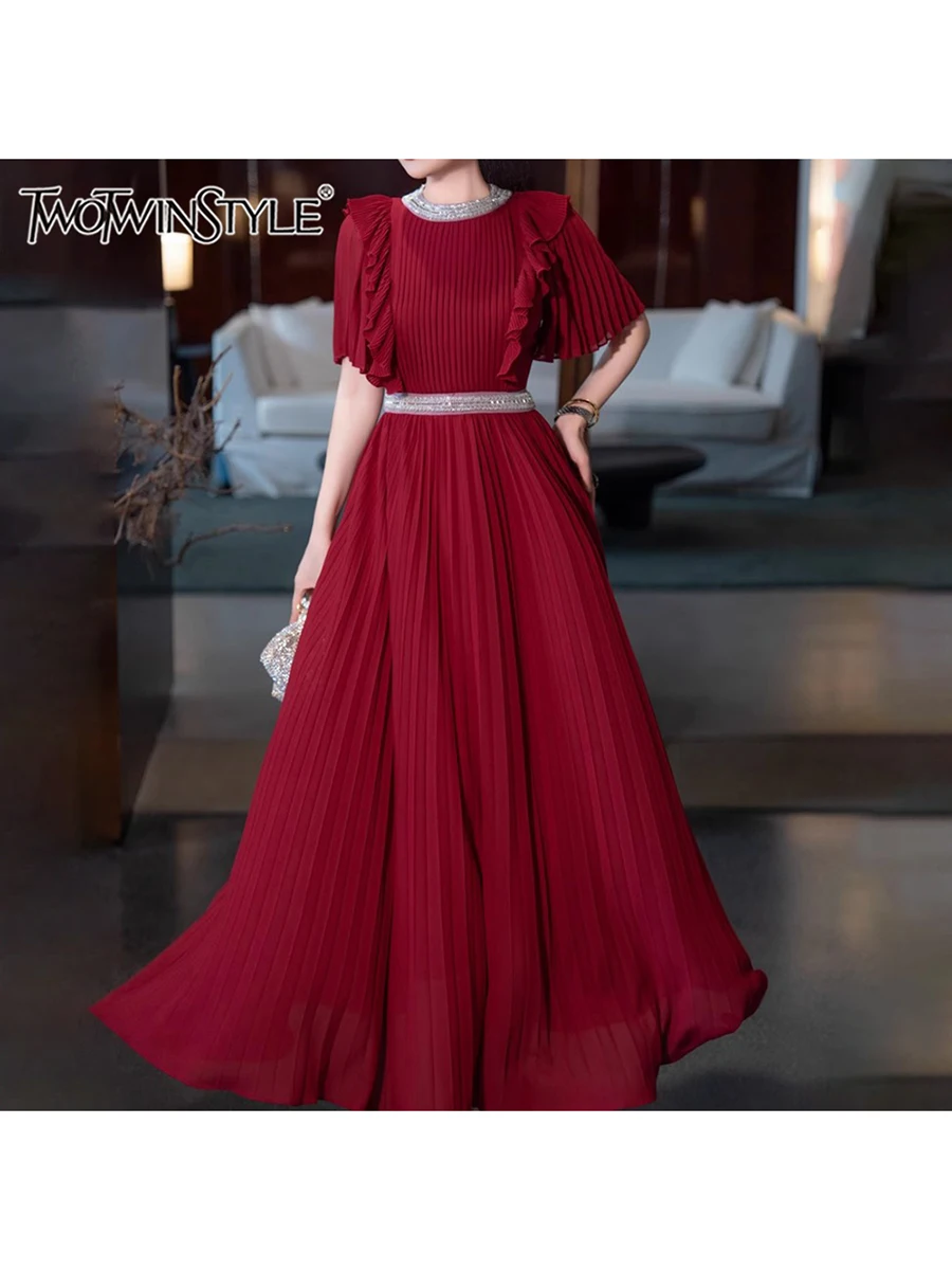 

TWOTWINSTYLE Hit Color Spliced Ruffles Slimming Dresses For Women O Neck Short Sleeve High Waist Temperament Dress Female New