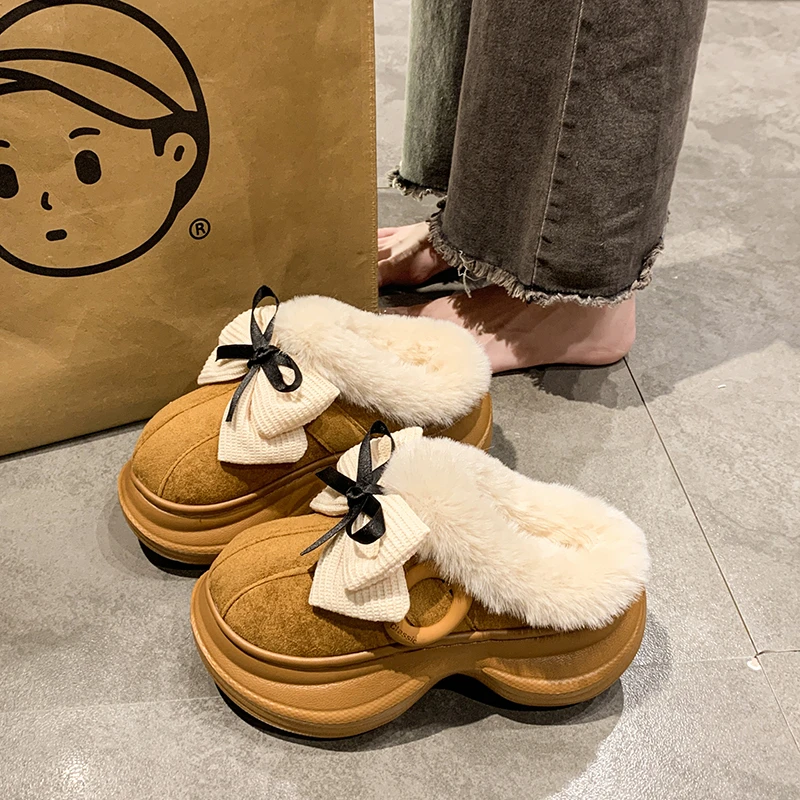 

Womens Cotton Slippers Winter Plush Warm Casual Platform Slippers Fashion Bow Velvet Warm Slippers for Women Home Cotton Slipper