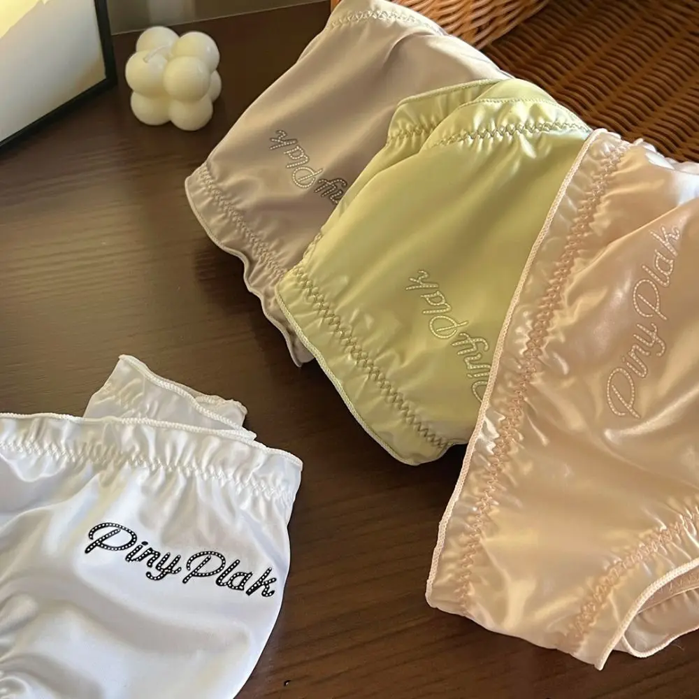 Comfortable Crystal Letter Ruffle Satin Panties Underwear Ice Silk Rhinestone Briefs Mid Waist Seamless Women's Underpants Girl