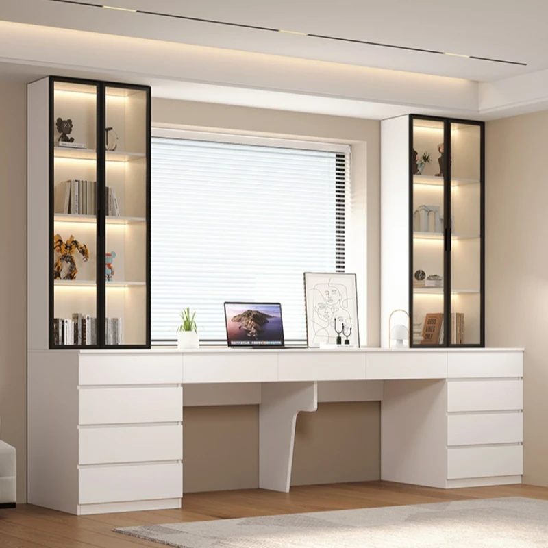 

Solid wood double computer desk modern simple home office study table 2025 new integrated wall desk bookcase