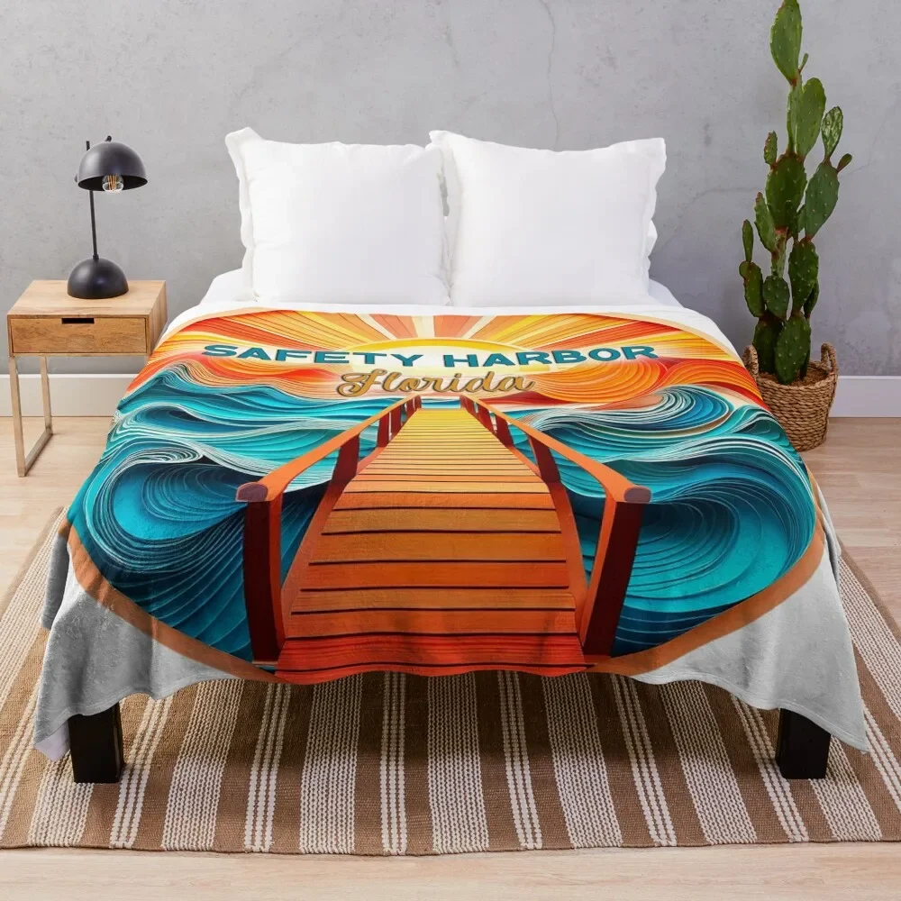 

Safety Harbor Florida Retro Vintage Sunset Artwork Throw Blanket for winter christmas gifts Blankets