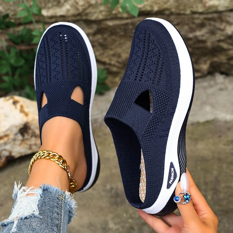 Damen-Slipper mit Strickmuster, atmungsaktivem Mesh-Oberteil, hohlem Design, Keilabsatz, dicker Sohle, leicht, für den täglichen Gebrauch und zum Spazierengehen im Freien. – Detail 7