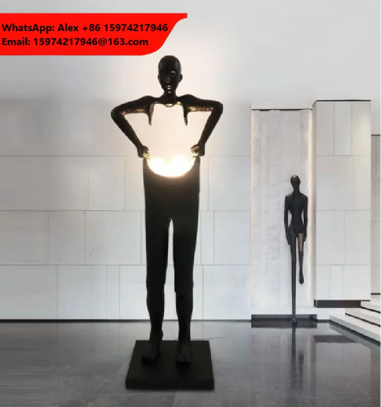 Creative Modern Designer Art Decoration Luxury Hotel Living Room Man Resin Fiberglass Sculpture Standing Handmade LED Floor Lamp