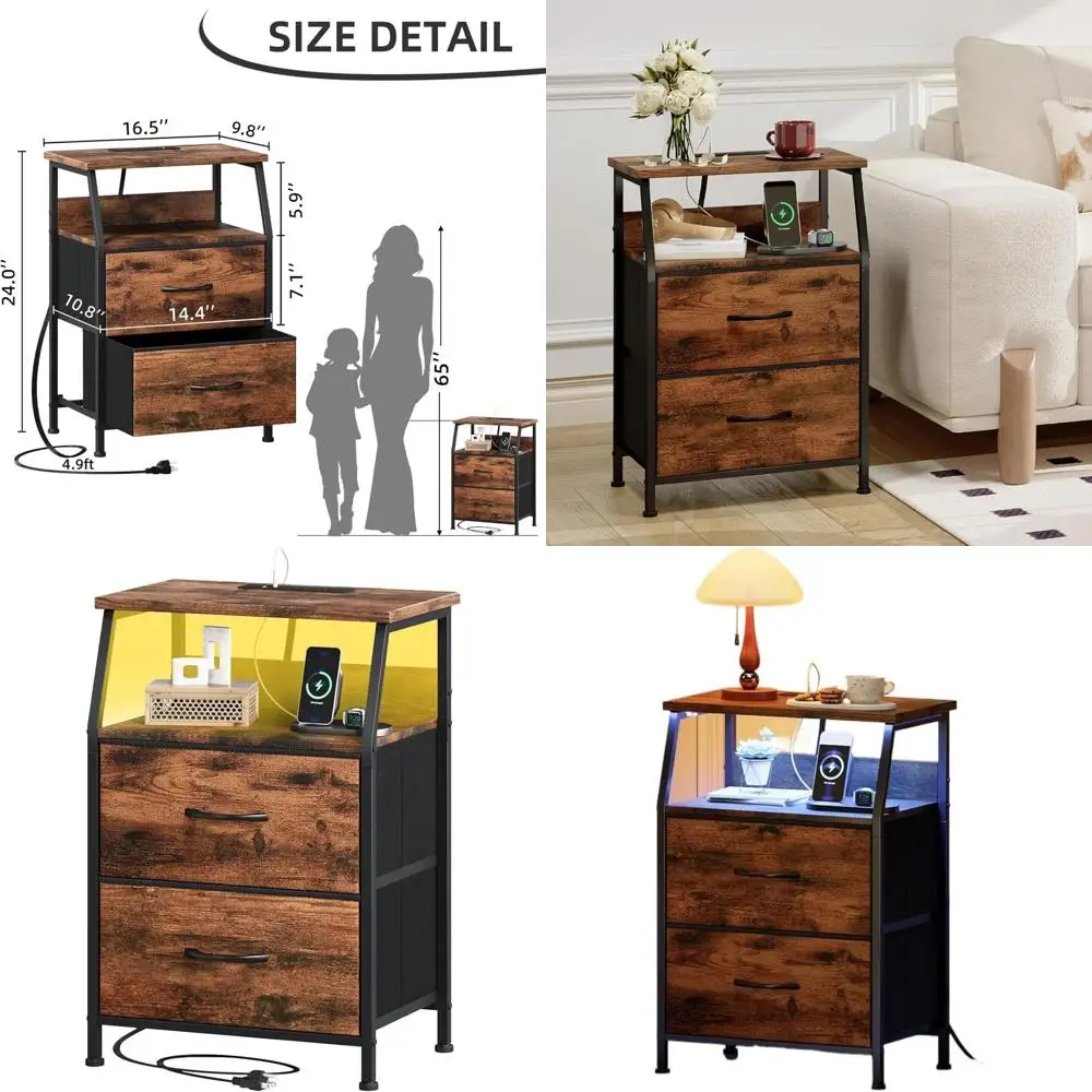 

Bedroom Nightstand with LED Light, Charging Dock, and Fabric Storage Drawer in Wood-Grain Finish