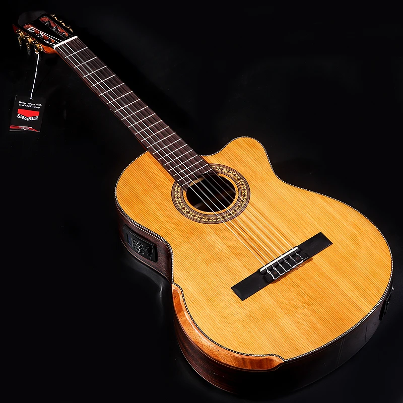 39 Inch High Gloss Solid Red Cedar Classic Electric Guitar 6 String 19F Classical Guitar Natural Clolor with Armrest Bone Nut