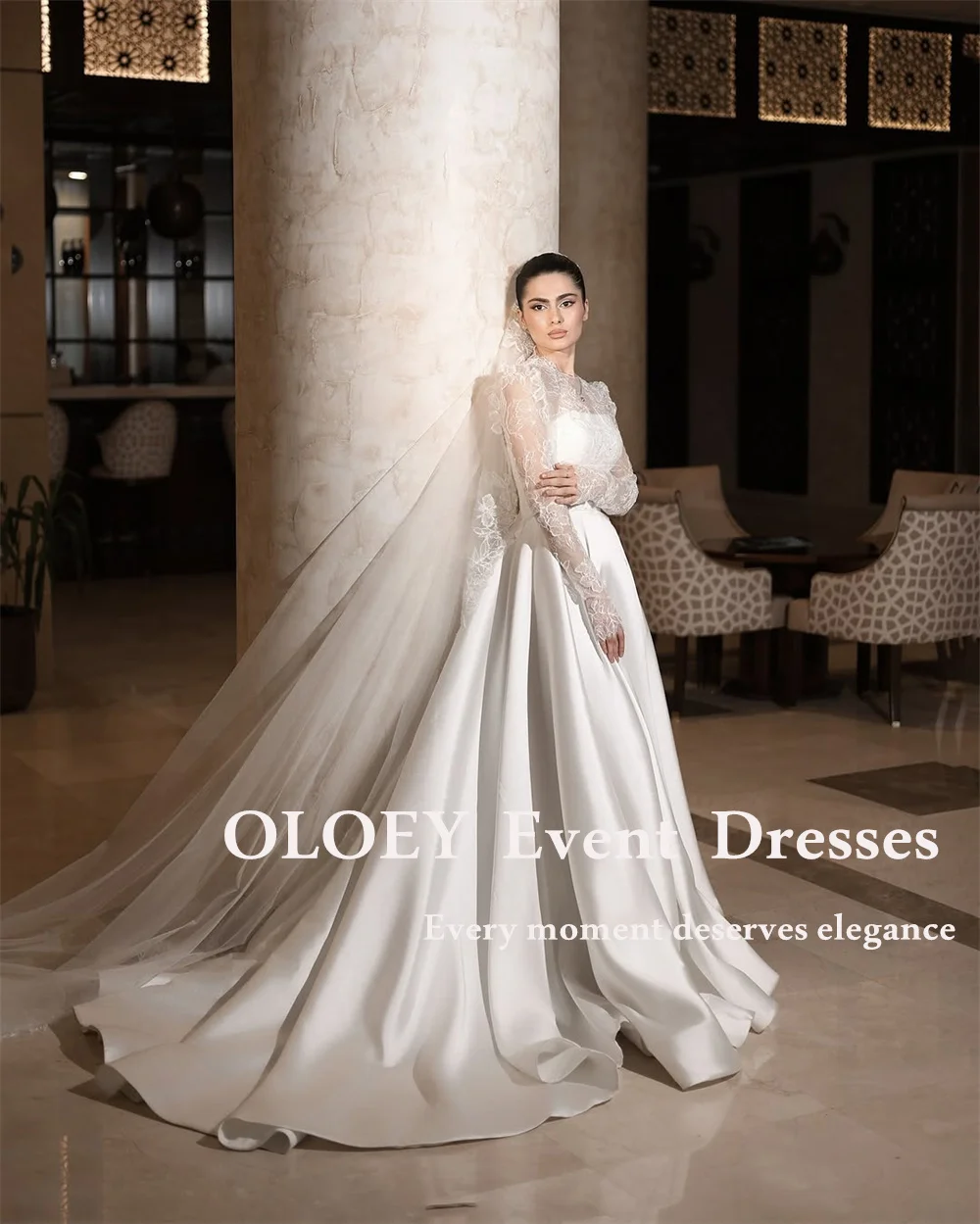 

OLOEY Luxury A Line Wedding Dresses Lace Soft Satin Floor Length Bridal Gowns Full Sleeves Zip Buttons Modest Arabic Customized
