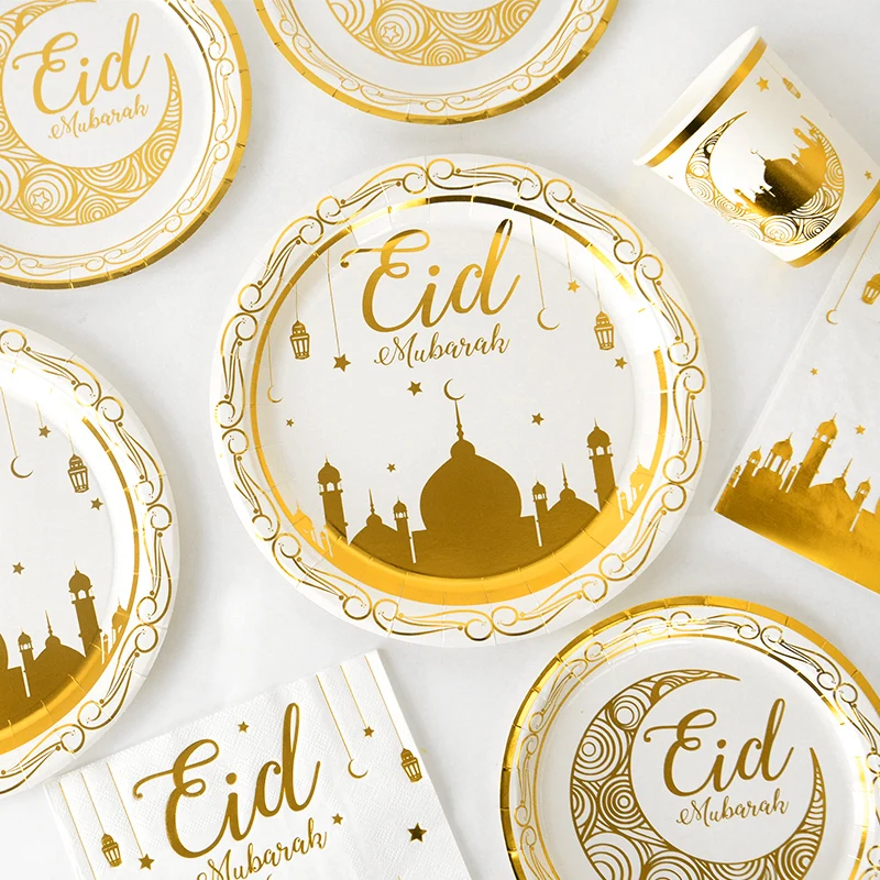 Eid Mubarak Disposable Tableware Gold Plate Cup Banner Gift Bags Islamic Muslim Party Supplies 2024 Ramadan Kareem Decorations