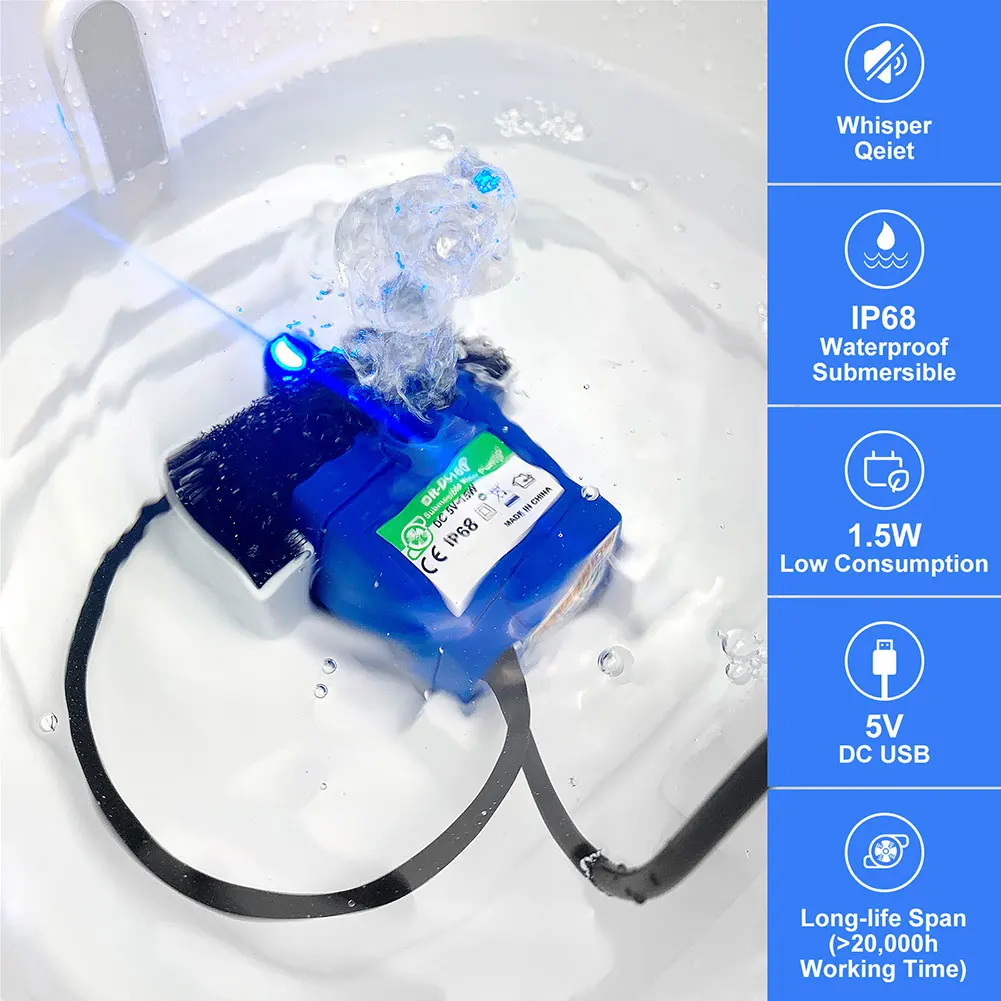 Pet Water Fountain Pump Ultra Quie DR-DC160 Motor Replacement Pump for Round/Cubic/Flower Cap Cat Fountain