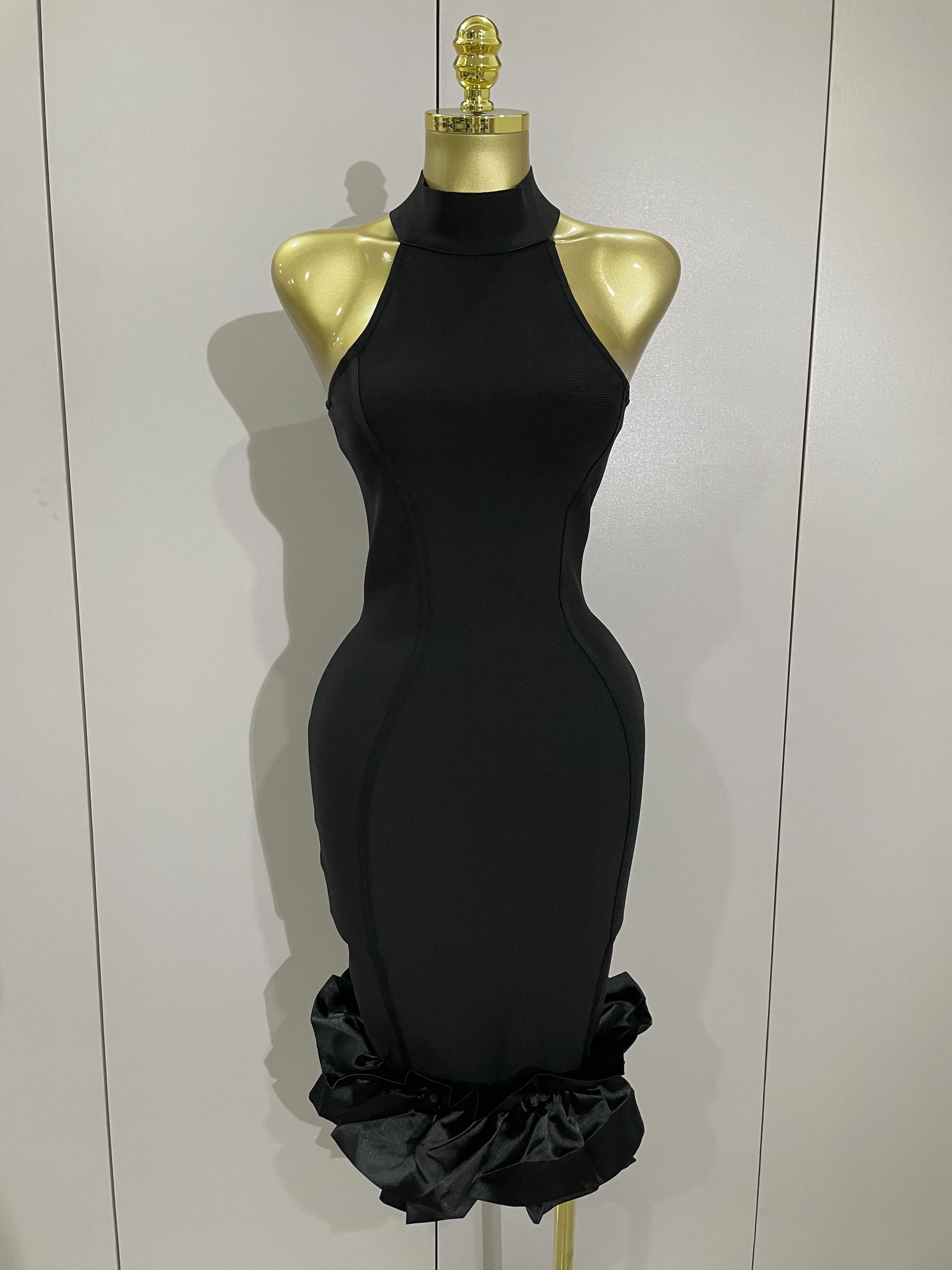 

Sexy High Collar Ruffle Black Sheath Sleeveless Bandage Dress 2025 Women Elegant Formal Party Prom Gown Luxury Birthday Dresses