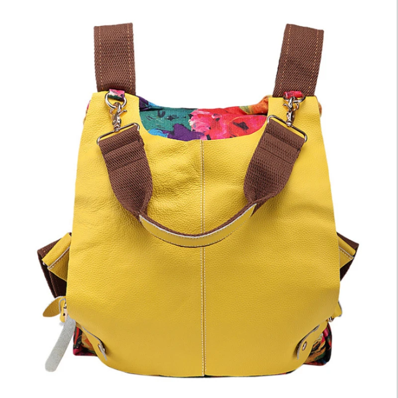 Women\'s New Fashion Cowhide matching canvas Large Capacity Flower Print Shoulder Bag Fashion backpack Travel Bag Daily