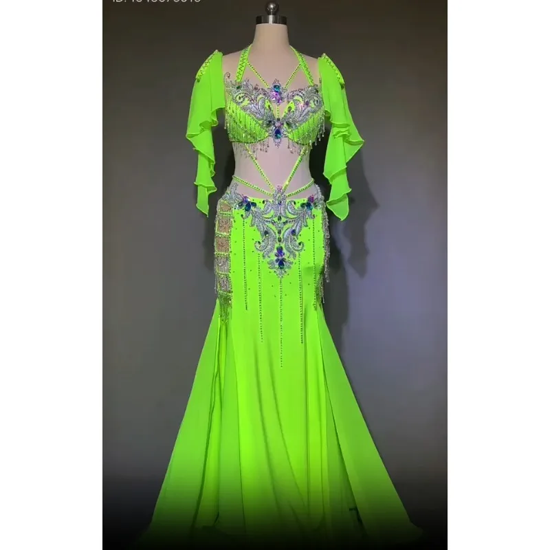 Traje de performance de dança do ventre feminino personalizado cintura alta sexy oco para fora saia grande uniforme de competição de equipe sutiã de dança do ventre