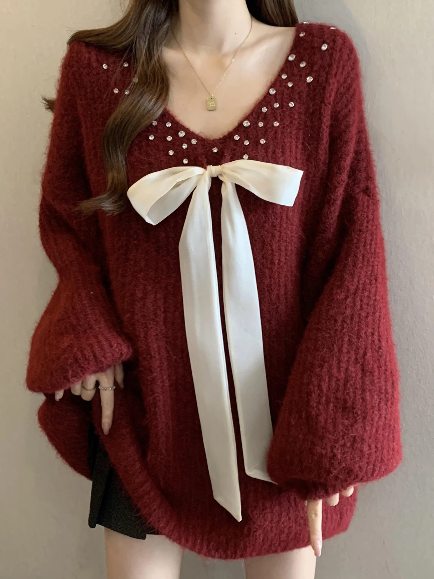 

Red Knot V-Ne Knitted Sweater Women's Autumn Winter plus Size Lazy High-End Feeling Top Commute Sle Loose Fit