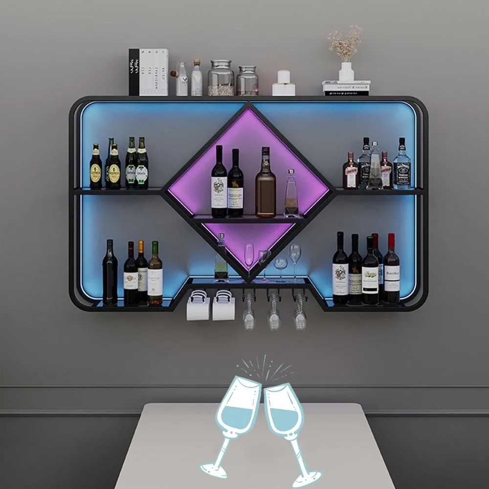 Wine Rack Bar Shelves Wall Mounted with Hanging Wine Glass Rack Holder Mini Bar Liquor Cabinet Bar Bottle Display Shelf